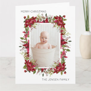 Carte Joyeux Noël Poinsettias Rouges Verdure Blanche