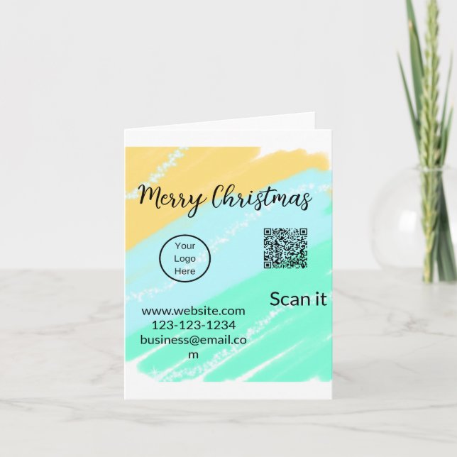 Carte Joyeux Noël QR code entreprise jaune vert eau (Devant)