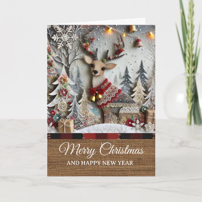 Carte Joyeux Noël Renne Rustique Vintage  (Devant)