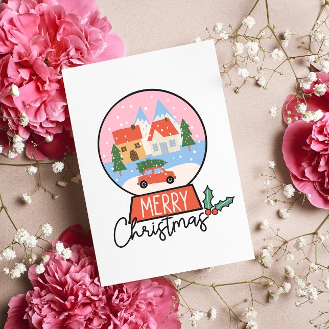 Carte Joyeux Noël rose & Red Snow Globe (Merry Christmas Illustrated Blank Greeting Card Pink Retro Snow Globe Holiday Card No Photos)