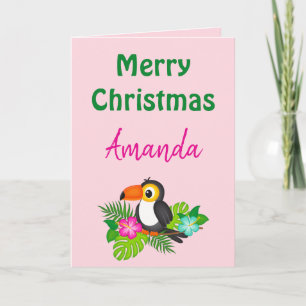 Carte Joyeux Noël rose Tropical Toucan
