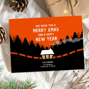 Carte Joyeux Noël rouge et noir avec des pins rétro