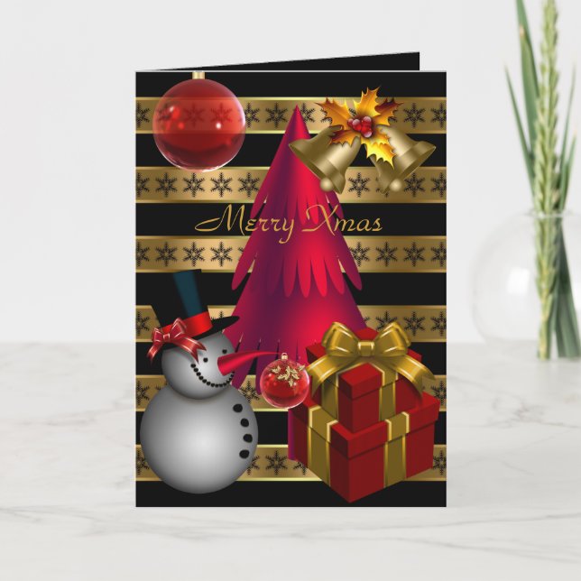Carte Joyeux Noël Rouge Noir Or Rayure de Noël (Devant)