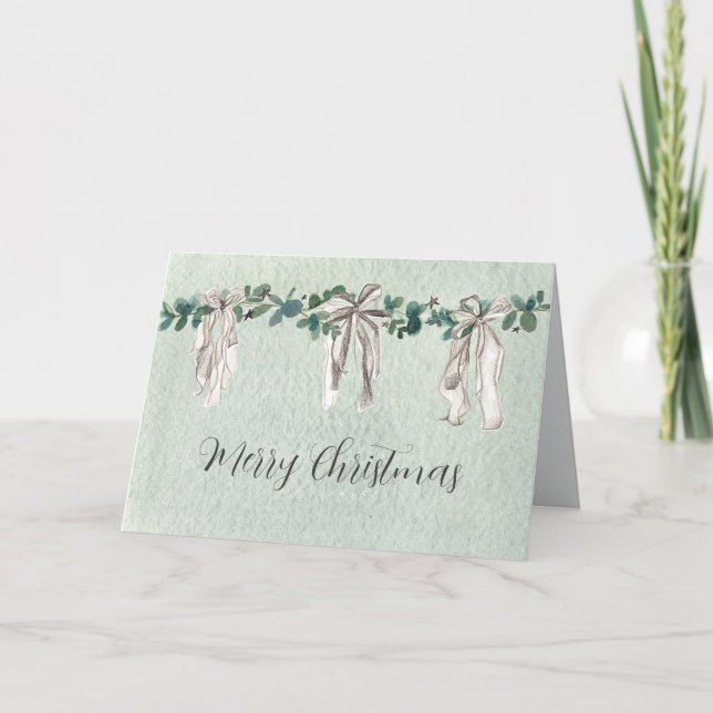 Carte Joyeux Noël Rubans Primitifs Eucalyptus Étoiles  (Devant)
