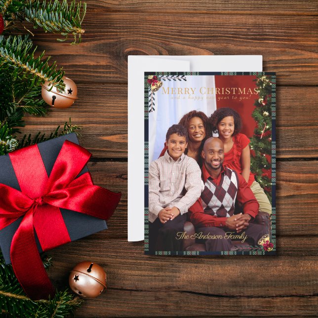 Carte Joyeux Noël Rustique 1 Photo Tartan bleu Plaid (Créateur téléchargé)