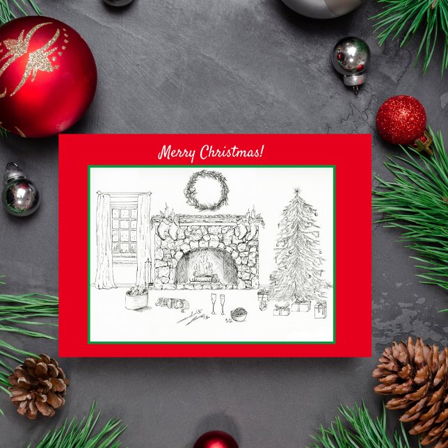 Carte Joyeux Noël Salon Cosy Avec Cavalier (A homewarming Christmas card.)