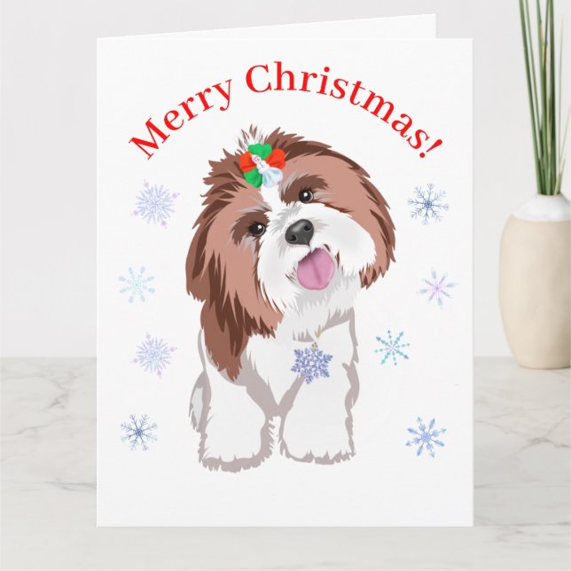 Carte Joyeux Noël Shih Tzu avec chien flocon de neige  (Devant)