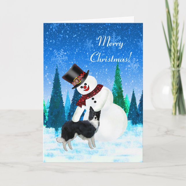 Carte Joyeux Noël Snowman et Border Collie (Devant)