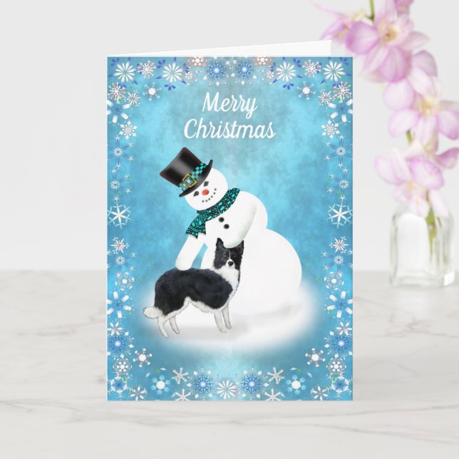 Carte Joyeux Noël Snowman et la frontière Collie Dog Car (Orchidée)