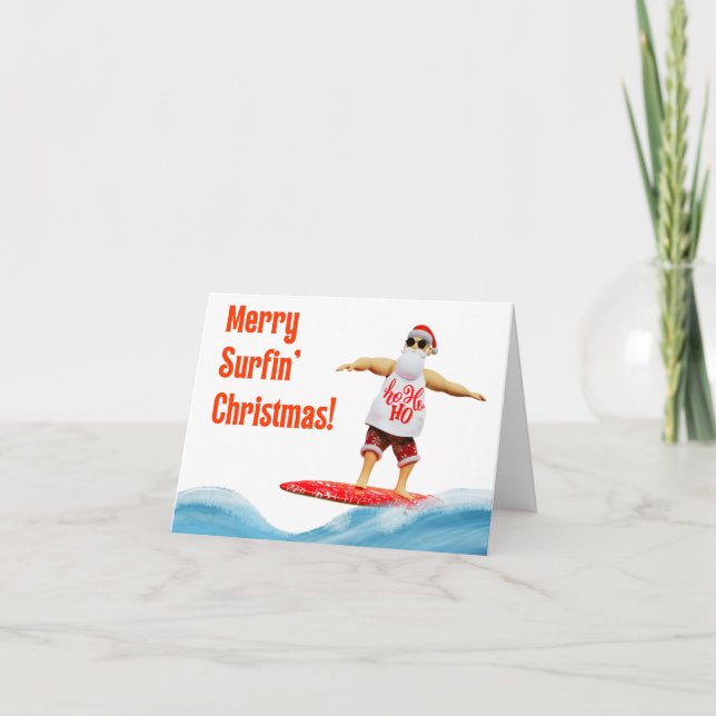 Carte Joyeux Noël Surfin Père Noël à bord (Devant)