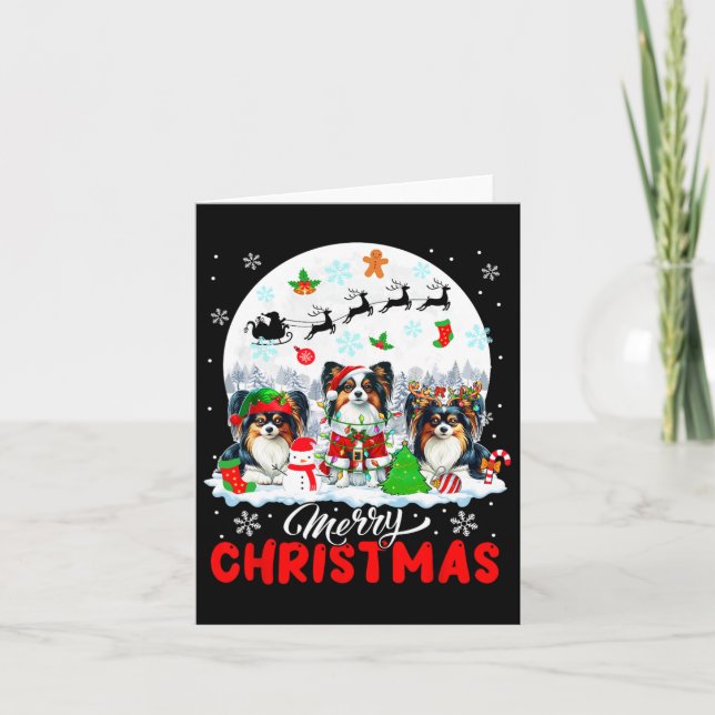 Carte Joyeux Noël Trois Père Noël Elf Reindeer Papillons (Devant)