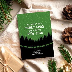 Carte Joyeux Noël vert avec une forêt rétro et de la nei