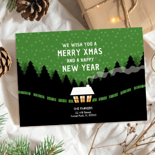 Carte Joyeux Noël vert et noir avec des pins rétro