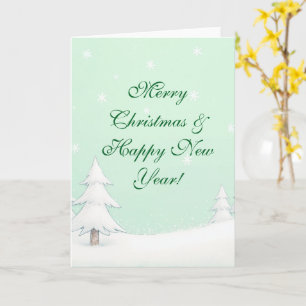 Carte Joyeux Noël vert et pins neigeux