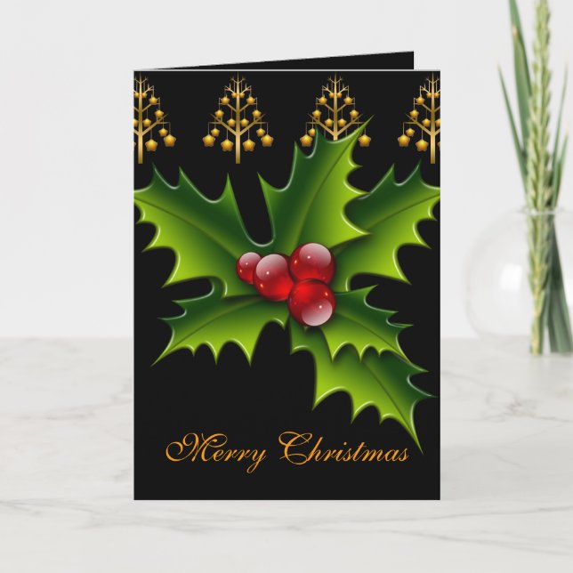 Carte Joyeux Noël Vert Noir Rouge Houx Noël (Devant)