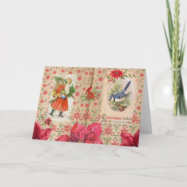 Carte Joyeux Noël Vintage Père Noël et Poinsettia (Devant)