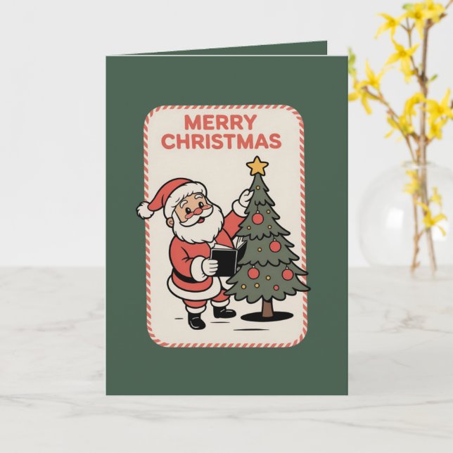Carte Joyeux Noël Vintage Santa Lisant  (Fleur jaune)