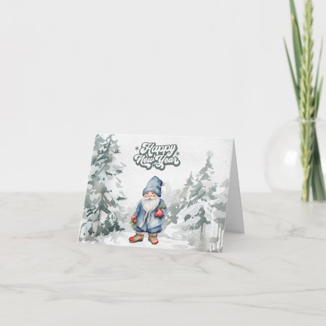 Carte Joyeux Nouvel An Aquarelle Gnome dans la forêt (Devant)
