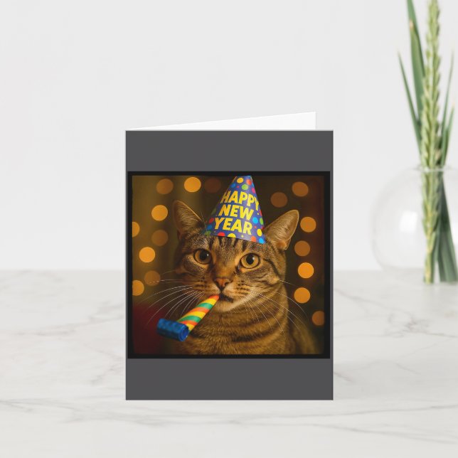 Carte Joyeux Nouvel An Chat Chapeau de Fête Drôle Félin  (Devant)