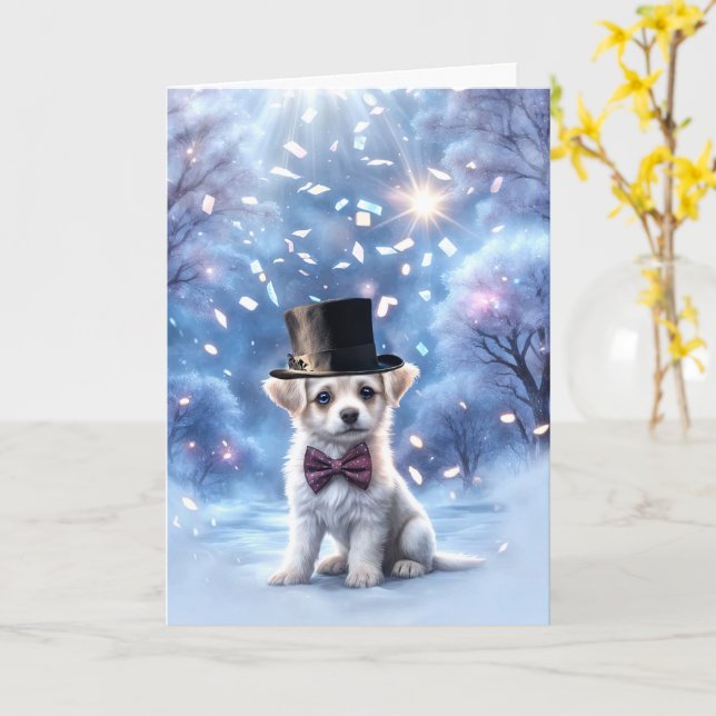 Carte Joyeux Nouvel An Chien chiot mignon avec Casquette (Fleur jaune)