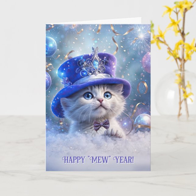 Carte Joyeux Nouvel An Cute White Kitten Big Fancy Casqu (Fleur jaune)