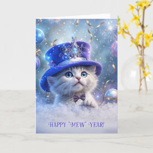 Carte Joyeux Nouvel An Cute White Kitten Big Fancy Casqu