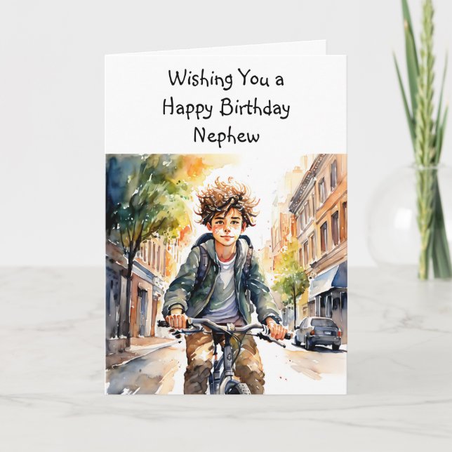 Carte Joyeux Nouvel An Nephew | Garçon en vélo en ville (Devant)