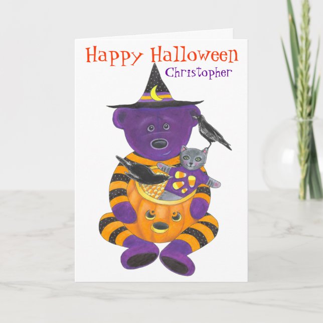 Carte Joyeux Ours Citrouille d'Halloween avec chat et co (Devant)