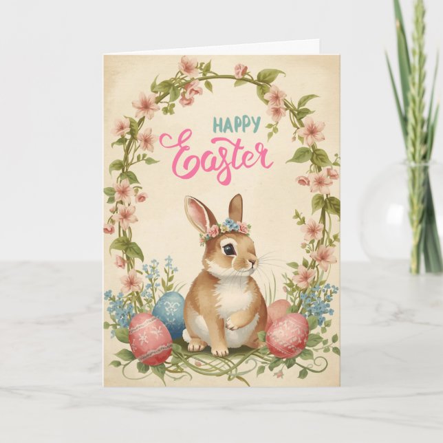 Carte Joyeux Pâques - Couronne Florale de Lapin (Devant)
