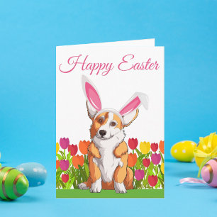 Carte Joyeux Pâques Cute Corgi Bunny Oreilles Floral