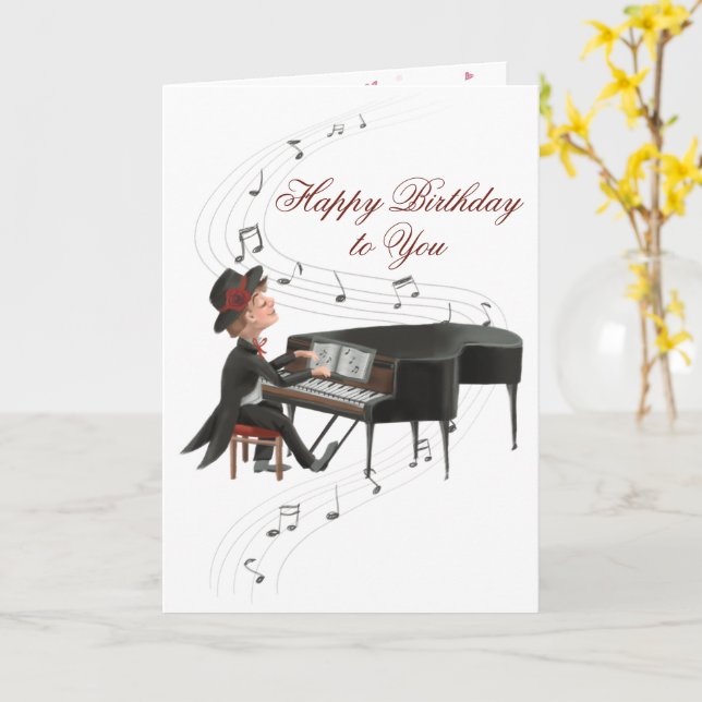 Carte Joyeux Piano Man Anniversaire chantant à sa femme (Fleur jaune)