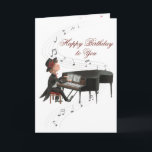 Carte Joyeux Piano Man Anniversaire chantant à sa femme<br><div class="desc">Carte d'anniversaire douce et romantique pour la femme d'un homme de piano portant un tux et fedora casquette jouant et chantant "Joyeux anniversaire" sur un piano à queue. Les notes musicales coulent de haut en bas de la carte. A l'intérieur il y a des coeurs. Vous pouvez personnaliser avec le...</div>