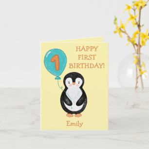 Carte Joyeux premier anniversaire manchot mignon avec ba