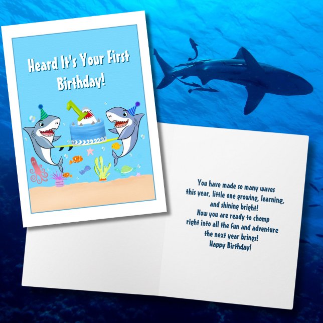 Carte Joyeux premier anniversaire Requins avec gâteau (Créateur téléchargé)