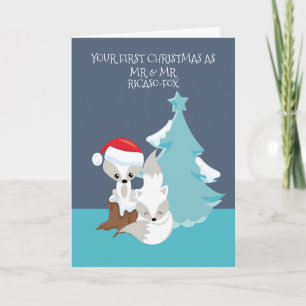 Carte Joyeux premier marié Noël mignon Fox Couple