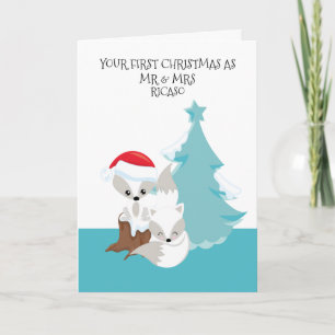 Carte Joyeux premier marié Noël mignon Fox Couple