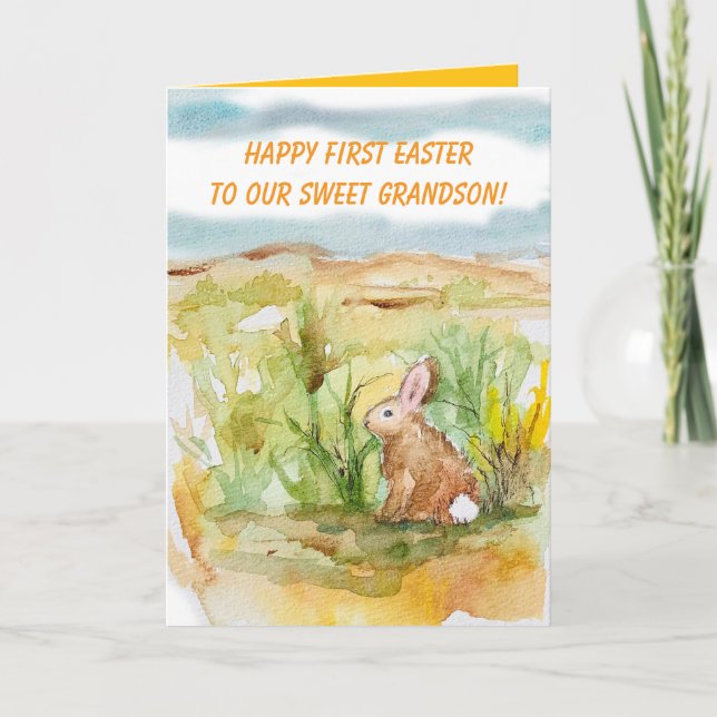 Carte Joyeux premier Pâques Petit-Fils Lapin Fleurs sauv (Devant)