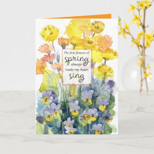 Carte Joyeux Printemps Fleurs Jaunes Violettes Aquarelle