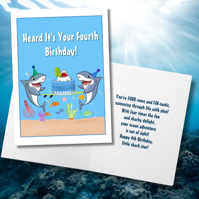Carte Joyeux quatrième anniversaire Requins avec gâteau (Créateur téléchargé)