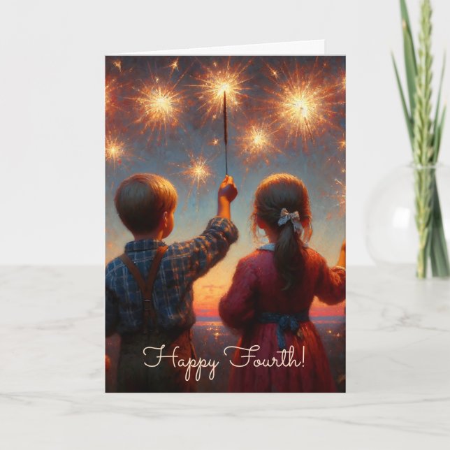 Carte Joyeux quatrième | Enfants avec Sparklers (Devant)