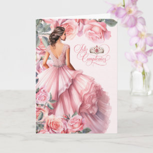 Carte Joyeux Quinceanera 15e Anniversaire Roses Rose Pâl