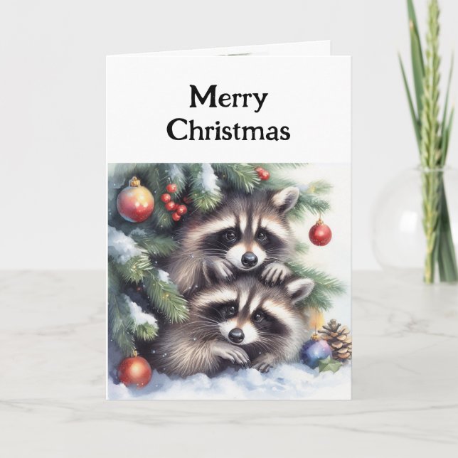 Carte Joyeux Raccoons De Noël Sous Arbre (Devant)