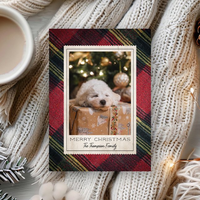 Carte Joyeux Rouge Noël Plaid Photo Holiday (Red Merry Christmas Plaid Photo Holiday Card)