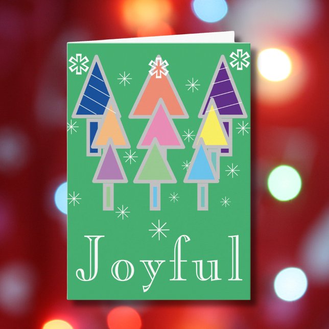 Carte Joyeux, rustique Joyeux Nom de script Noël vert ('Joyful' green holiday card with colorful abstract art Christmas trees.)