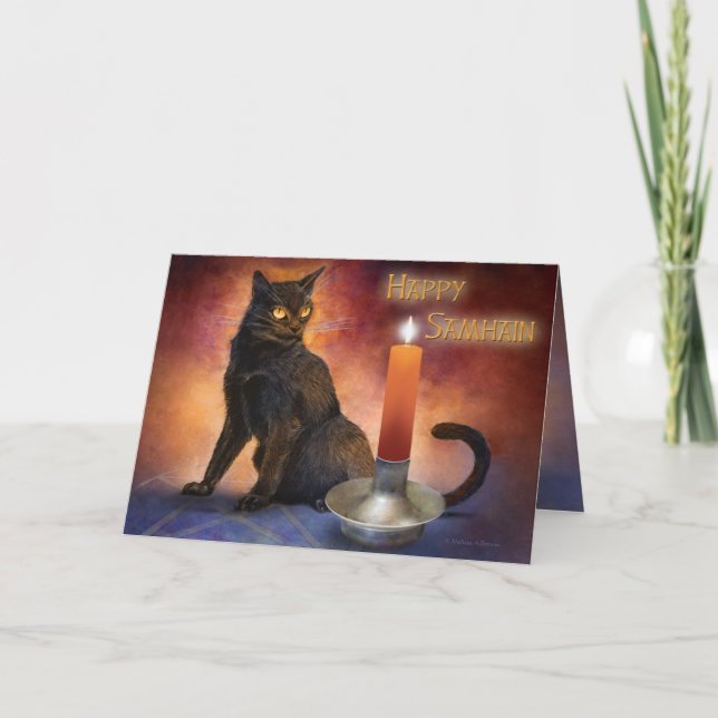 Carte Joyeux Samhain Kitten et Candle. (Devant)
