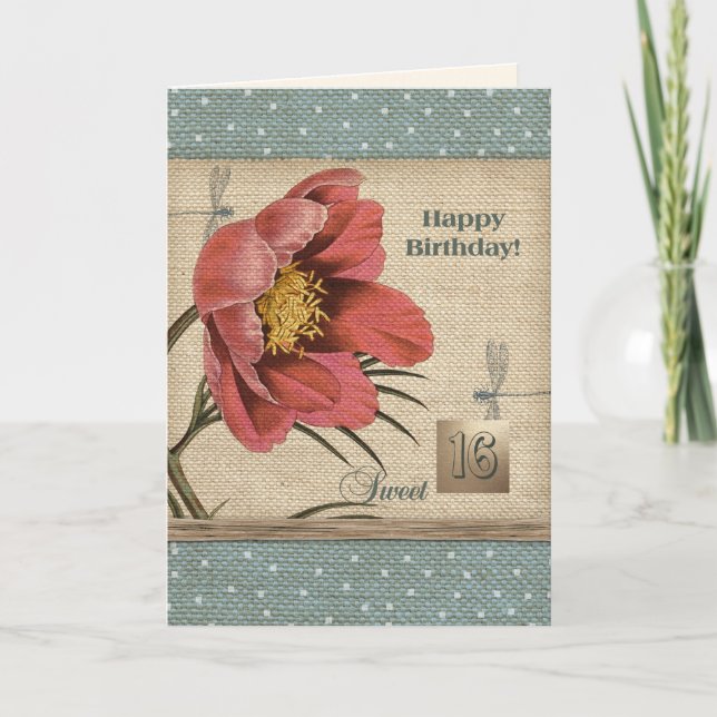 Carte Joyeux Seizième Anniversaire. Art Floral Vintage (Devant)