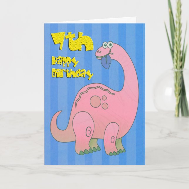 Carte Joyeux septième anniversaire Dinosaure rose (Devant)