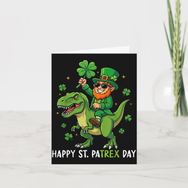 Carte Joyeux St Patrick pa trex day leprechaun dino garç (Devant)