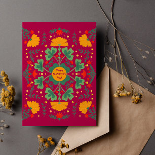 Carte Joyeux St. Patrick's Day trèfle & fleurs magenta