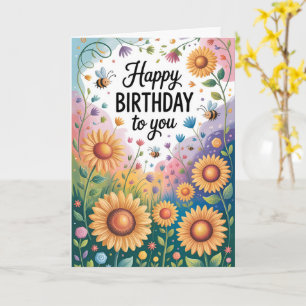 Carte Joyeux Tournesol et Abeille Anniversaire